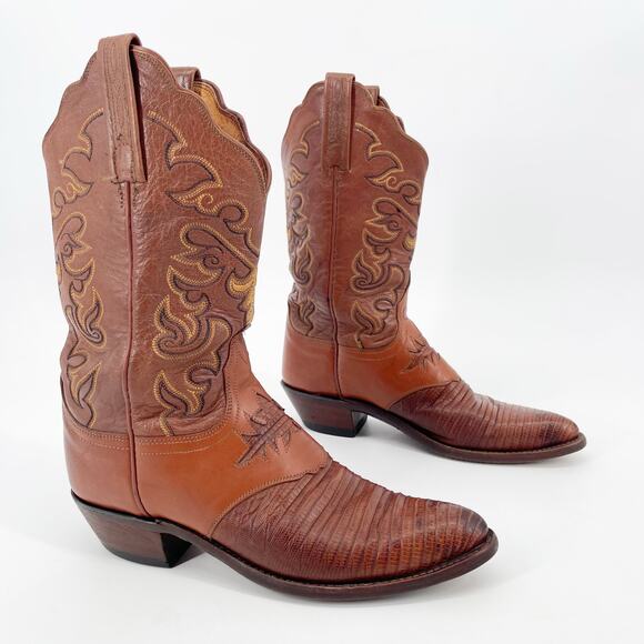 Lucchese Women’s 8 Brown Lizard & Goat Leather Almond Toe Western Cowgirl Boots - Picture 1 of 11